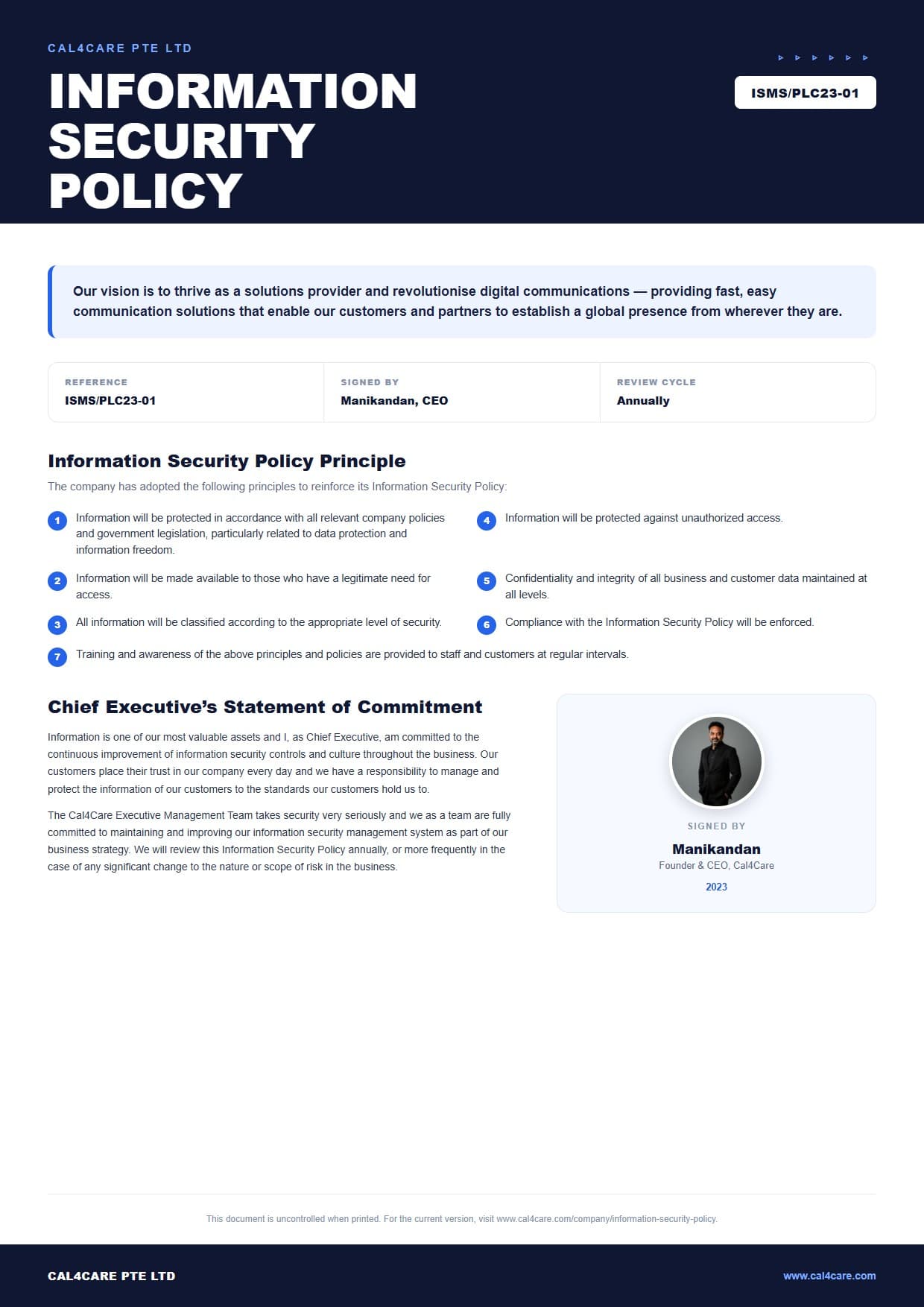 Cal4Care Pte Ltd โ Information Security Policy (ISMS/PLC23-01)