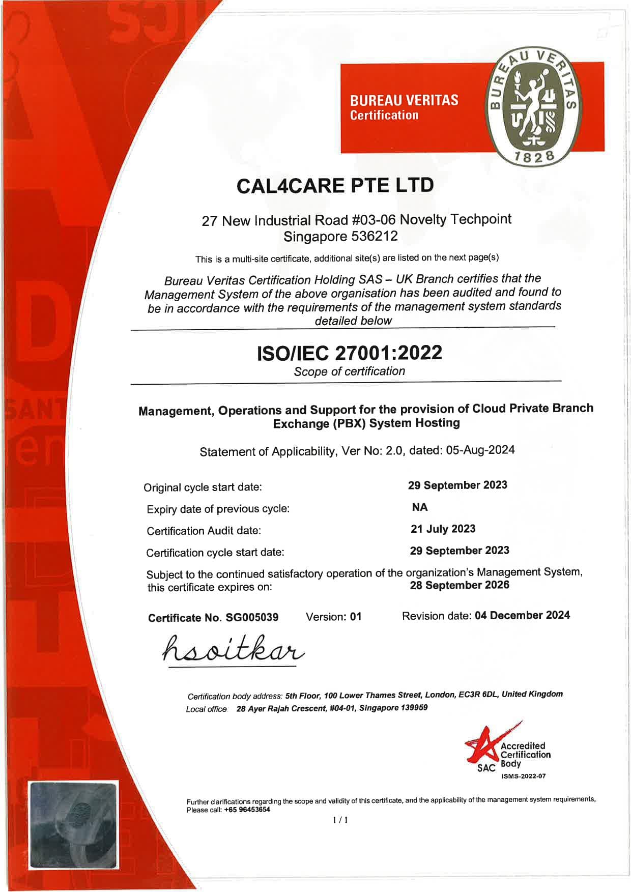 Cal4Care Pte Ltd โ ISO/IEC 27001:2022 certificate issued by Bureau Veritas